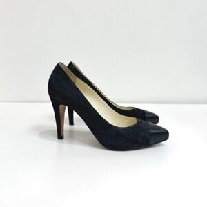 CHANEL Black Shimmer Suede CC Cap Toe Pumps 38.5 Leather Pointed Stiletto Shoes